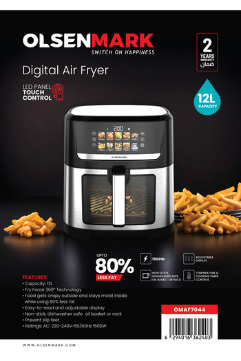 Olsenmark 12L Digital Air Fryer OMAF7044 , deep fryer 360 Degree Technology 2 Years Warranty