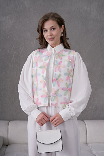 Miss Allos Women's Tulle Floral Embroidered Linen Vest and Pants Bottom Top Set