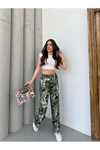 Ozy Fashion Green-White Pattern Wide Leg Palazzo Pants Tie at Waist Top