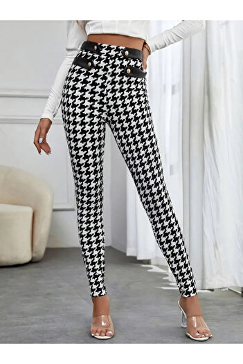 stiledavet online store Women's High Waist Houndstooth Patterned Side Stripe Button Detailed Diving Pants