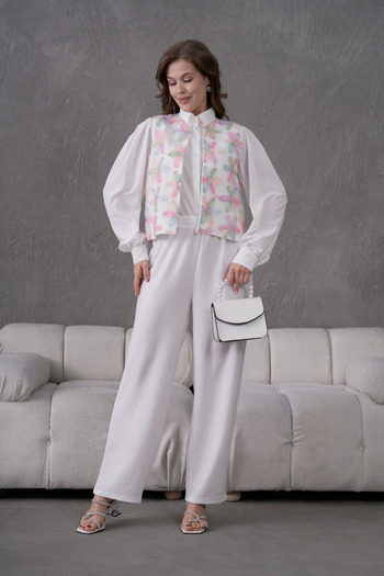 Miss Allos Women's Tulle Floral Embroidered Linen Vest and Pants Bottom Top Set