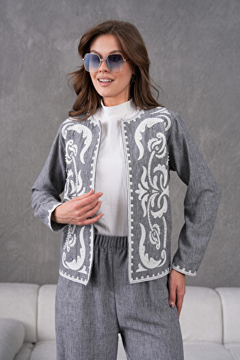 Miss Allos Women's White Embroidered Pearl and Stone Detailed Linen Jacket and Trousers Set