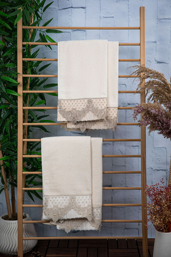 FAVORA Cotton Pearl Dowry - 4 Towels, Cream Color and Mink Motif