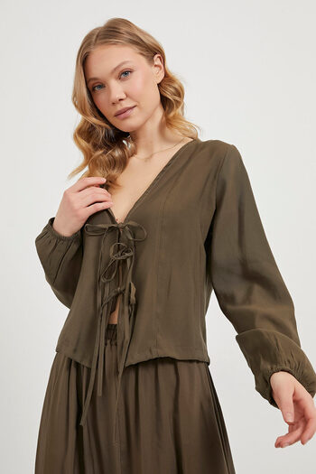 Arma Life Women's Lace-Up Premium Long Sleeve Khaki Crop Blouse