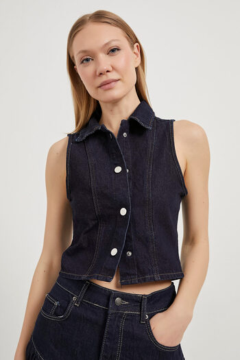 Arma Life Women's Buttoned Polo Neck Sleeveless Navy Blue Crop Vest