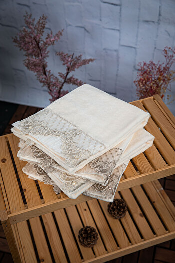 FAVORA Cotton Pearl Dowry - 4 Towels, Cream Color and Mink Motif