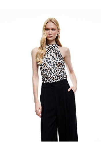Koton Satin Sleeveless Halter Neck Leopard Blouse
