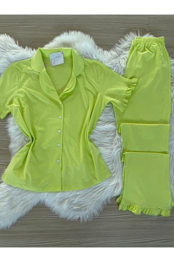 Pijamacs Neon Green Cotton Sleeve and Leg Ruffle Detailed Short Sleeve Front Buttoned Pajama Set