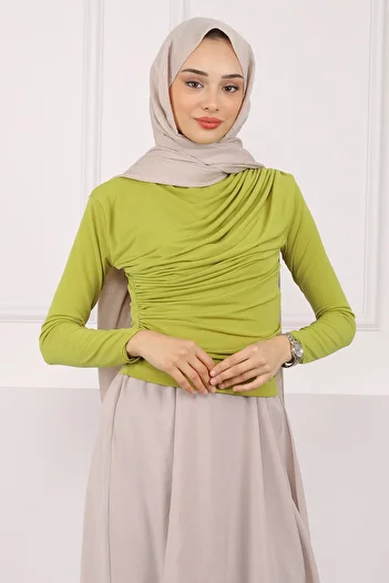 İmajButik Oil Green Turtleneck Draped Sandy Blouse