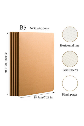 Choice Horizontal line 5pcs B5 Kraft 5Pcs A5 B5 A4 Notebook,36 Sheets/72 Pages/Book,Kraft paper And Black C