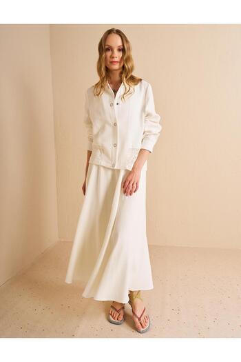 Kayra Lace Garnished Cotton Skirt Suit Ecru