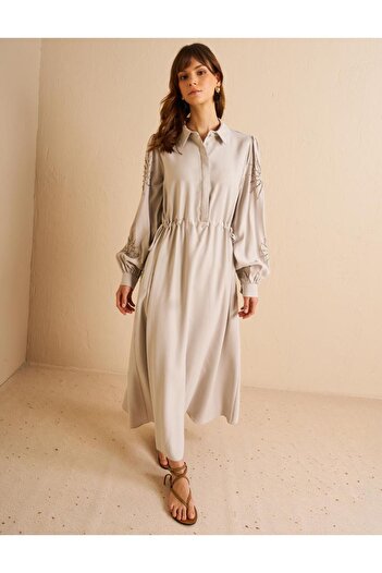 KYR Gathered Waist Pearl Embroidered Dress Light Gray