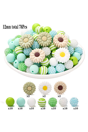 Choice Green 76Pcs Silicone Acrylic Beads Set 12mm Round Daisy Flower Shape Focus Beads For Teether Baby Pa