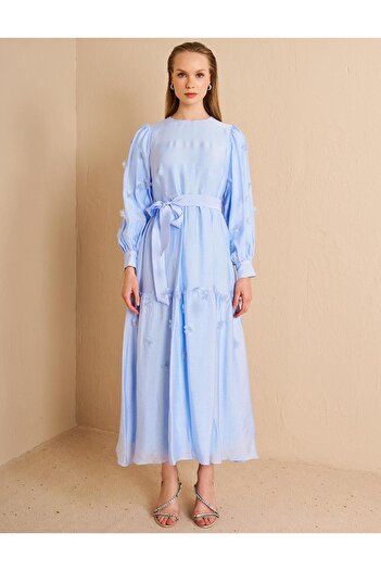Kayra Ice Blue Jacquard Dress, Floral Applique Design