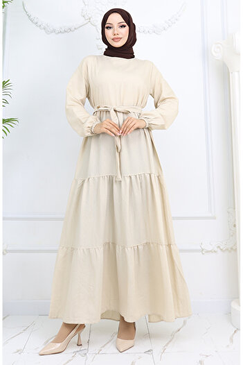 sefamerve Beige Belted Dress - Sofia Linen Sleeve, Elastic Style 2023-07