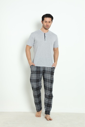 CALİA Men's Crew Neck Button Short Sleeve Pocket Summer Pajama Set 100% Cotton