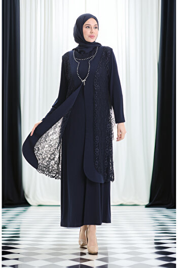 sefamerve Plus Size Lace Vest & Dress Double Set - 4123-02 Navy Blue