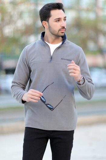 JB John Borners Ανδρικός γιακάς Fleece Γκρι μισό φερμουάρ με λεπτομέρεια κέντημα Regularfit - 6001