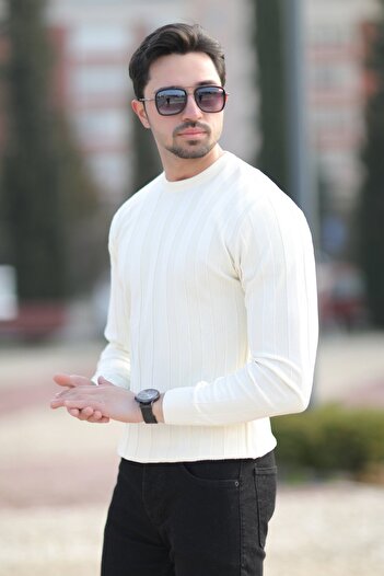 JB John Borners Men's Crew Neck Corded 100% Micro Flament Knitwear Ecru - 1006