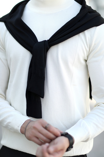 JB John Borners Men's Half Turtleneck Sweater White Rice Knit 100% Micro Flament Rib - 1047