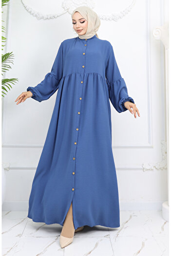 sefamerve Indigo Buttoned Aerobin Fabric Dress 0045-03 Number