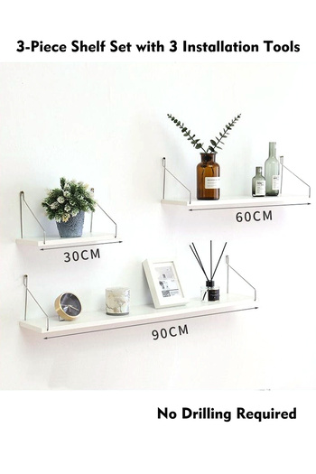 Old_Feller 3-Piece Wooden Floating Shelves with Metal Brackets - Wall Mounted Book Shelf