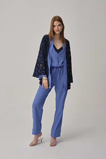Pierre Cardin Vegan Ipek Kimonolu Kadın Pijama Takımı - Lx.25231 Blue