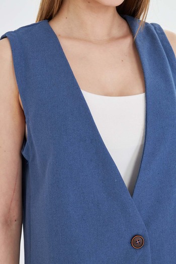 armonika Women's Dark Blue V-Neck Single Button Oversize Vest Arm-25Y 001036