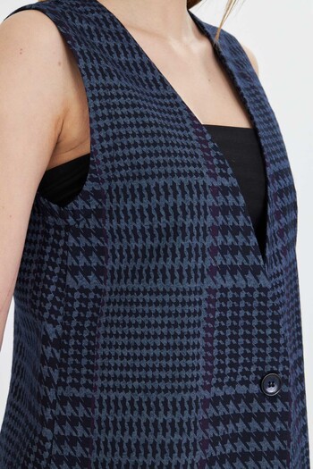 armonika Women's Navy Blue V-Neck Single Button Oversize Patterned Vest Arm-25Y 001032