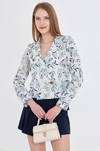 armonika Women's Light Mint Double Breasted Collar Patterned Crop Jacket Arm-24Y 001058