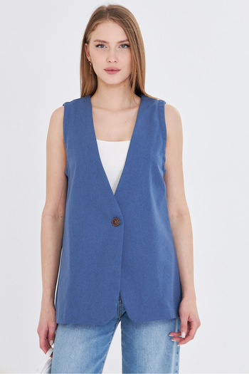 armonika Women's Dark Blue V-Neck Single Button Oversize Vest Arm-25Y 001036