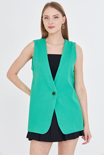 armonika Women's Green V-Neck Single Button Oversize Vest Arm-25Y 001036