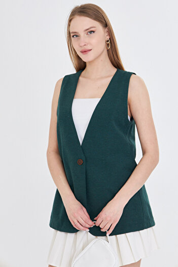 armonika Women's Emerald V-Neck Single Button Oversize Vest Arm-25Y 001036