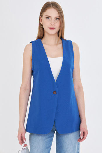 armonika Women's Blue V-Neck Single Button Oversize Vest Arm-25Y 001036