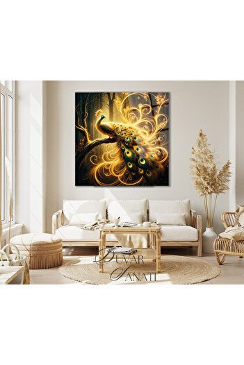 indispensablely Gold Peacock Modern Square Glass Painting Home Office Living Room Gift Large Painting Decor