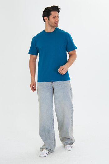 TRENDHİLL Tricou oversize pentru bărbați, bumbac, cu gâtul turn, albastru 5015-M