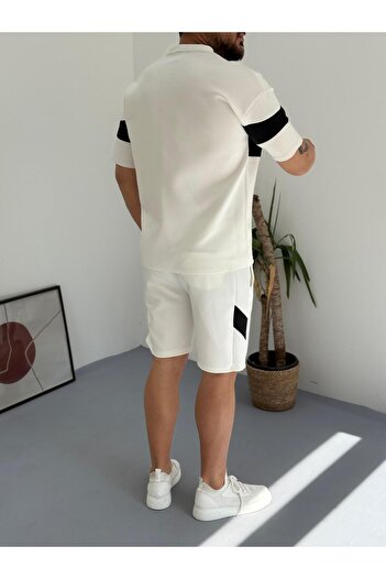 Combineman35 Black White Men's Scuba Fabric Shorts T-Shirt Bottom Top 2 Piece Set