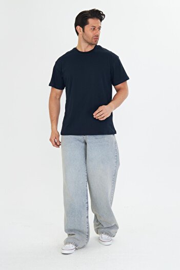 TRENDHİLL Men's Cotton Crew Neck Oversize T-Shirt Navy Blue 5015-L