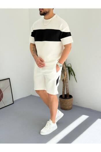 Combineman35 Black White Men's Scuba Fabric Shorts T-Shirt Bottom Top 2 Piece Set