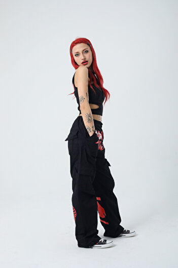 KOTOLOG Y2k Unisex Grunge Baggy Baskılı Lastikli Ayarlanabilir Bel Paça Kar Cep Pantolon Jean