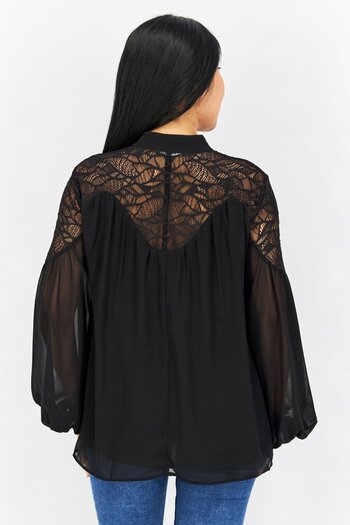 Esprit Women Tie Neck Long Sleeve Textured Blouse, Black