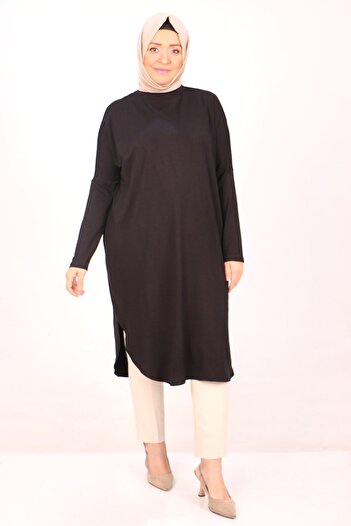Eslina 38110 Large Size Low Sleeve Combed Cotton Tunic-Black