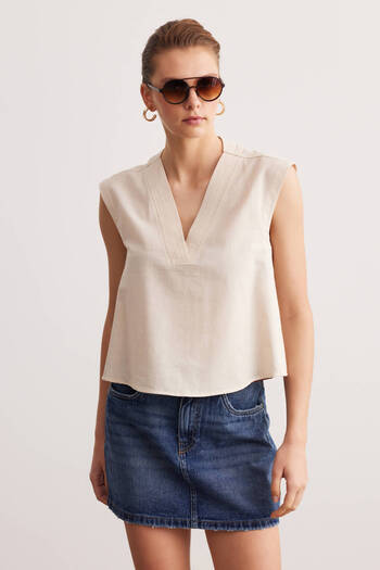STELLA PULVIS Ecru Stitching Detailed Cotton Blouse