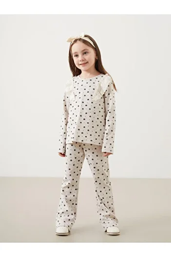 LC Waikiki Lcw Kids Beige Crew Neck Floral Girls Blouse and Leggings Pants 2Pcs
