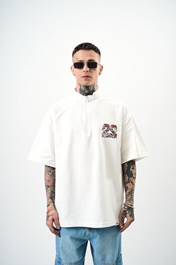 Respire Чоловіча футболка Oversize Екрю 22 з принтом і напівзастібкою