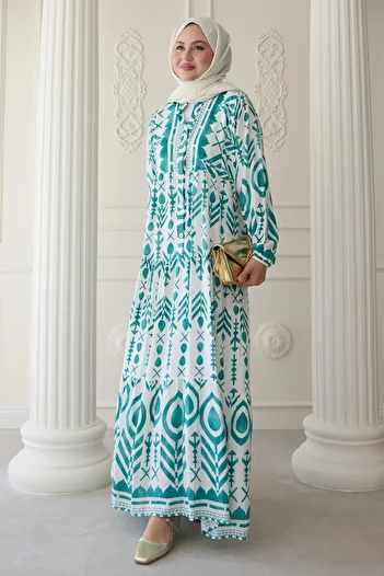 InStyle Colorful Motif Patterned Turquoise Viscose Dress