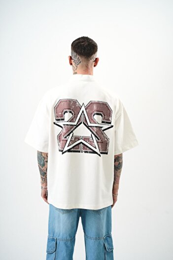 Respire Чоловіча футболка Oversize Екрю 22 з принтом і напівзастібкою