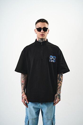 Respire Ανδρικό μπλουζάκι Oversize, 22 εμπριμέ μισό φερμουάρ, μαύρο