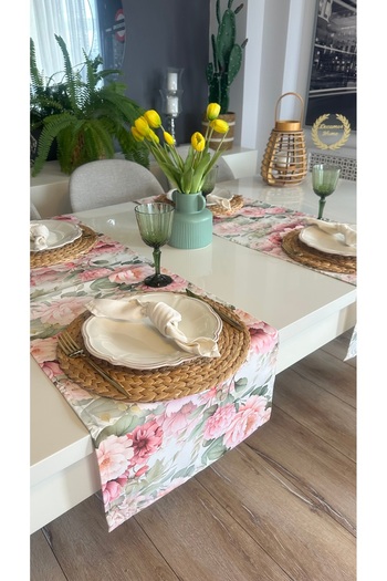 Decamor home Floral Patterned Stain-Proof Pink Ecru Runner 1 Piece