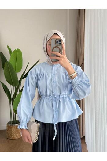 Trenddolabı Γυναικεία φούστα με κοντό πουκάμισο Hijab με τούνελ μέσης μπλε